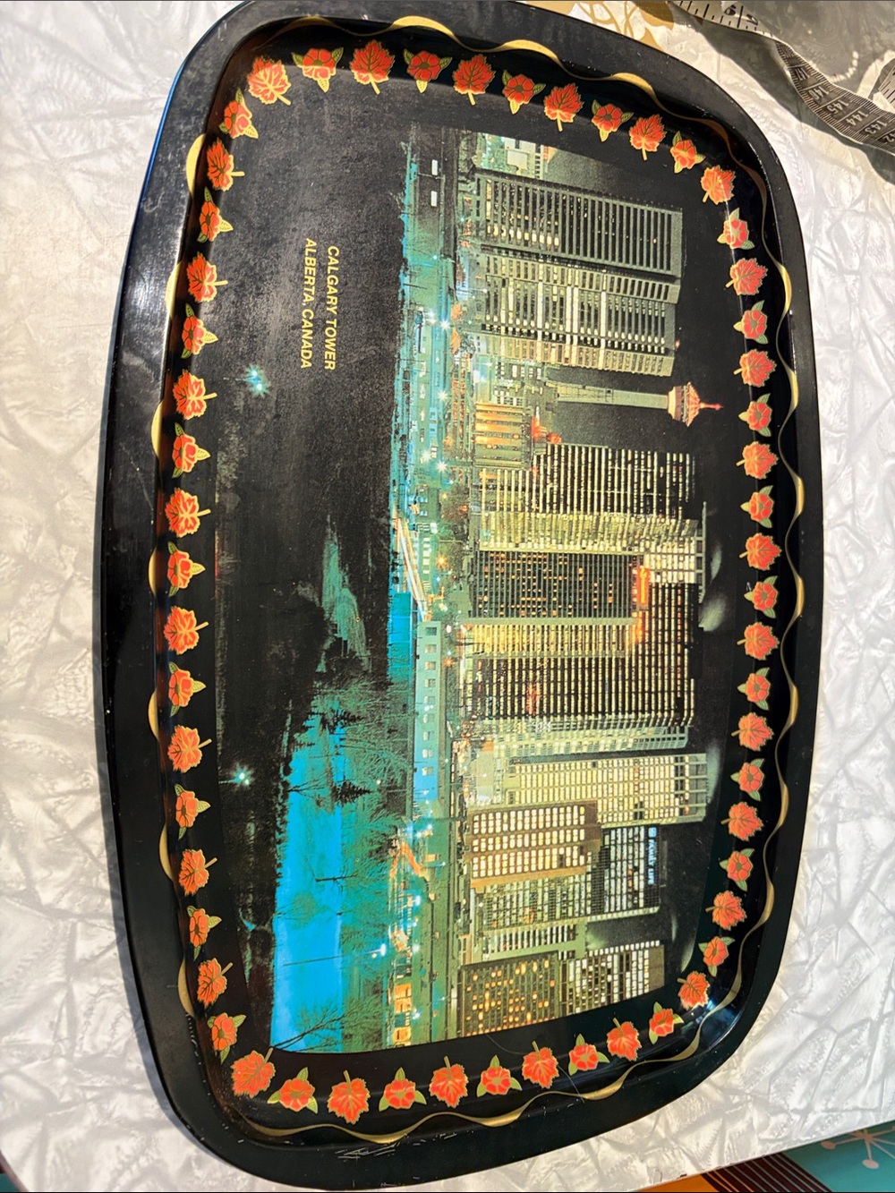 vintage Calgary Tower souvenir tin tray. mid-century metal trays